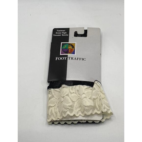 FOOT TRAFFIC Women's Ivory-Black Lace Colorblock Knee High Trouser Socks SZ OS - Picture 1 of 7